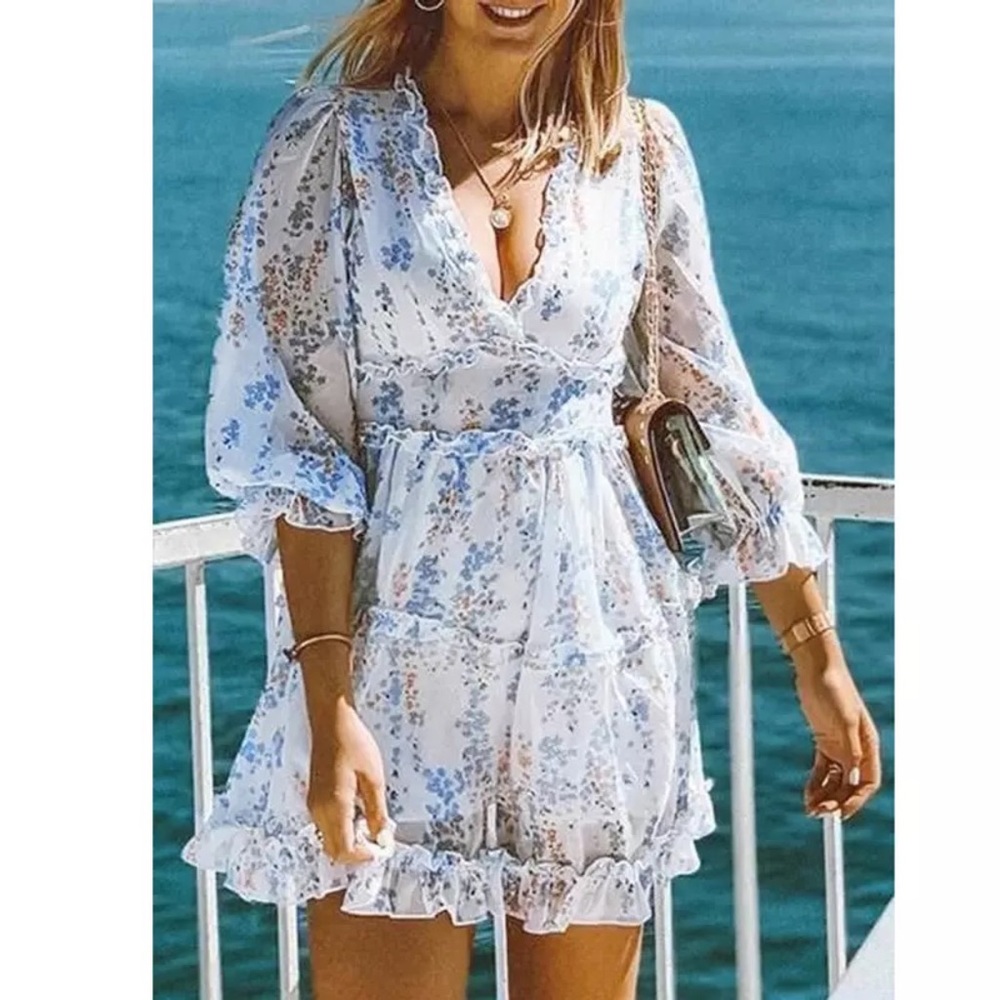Floral Ruffle Chiffon Long Sleeve Open Back Dress - Picture 7 of 8
